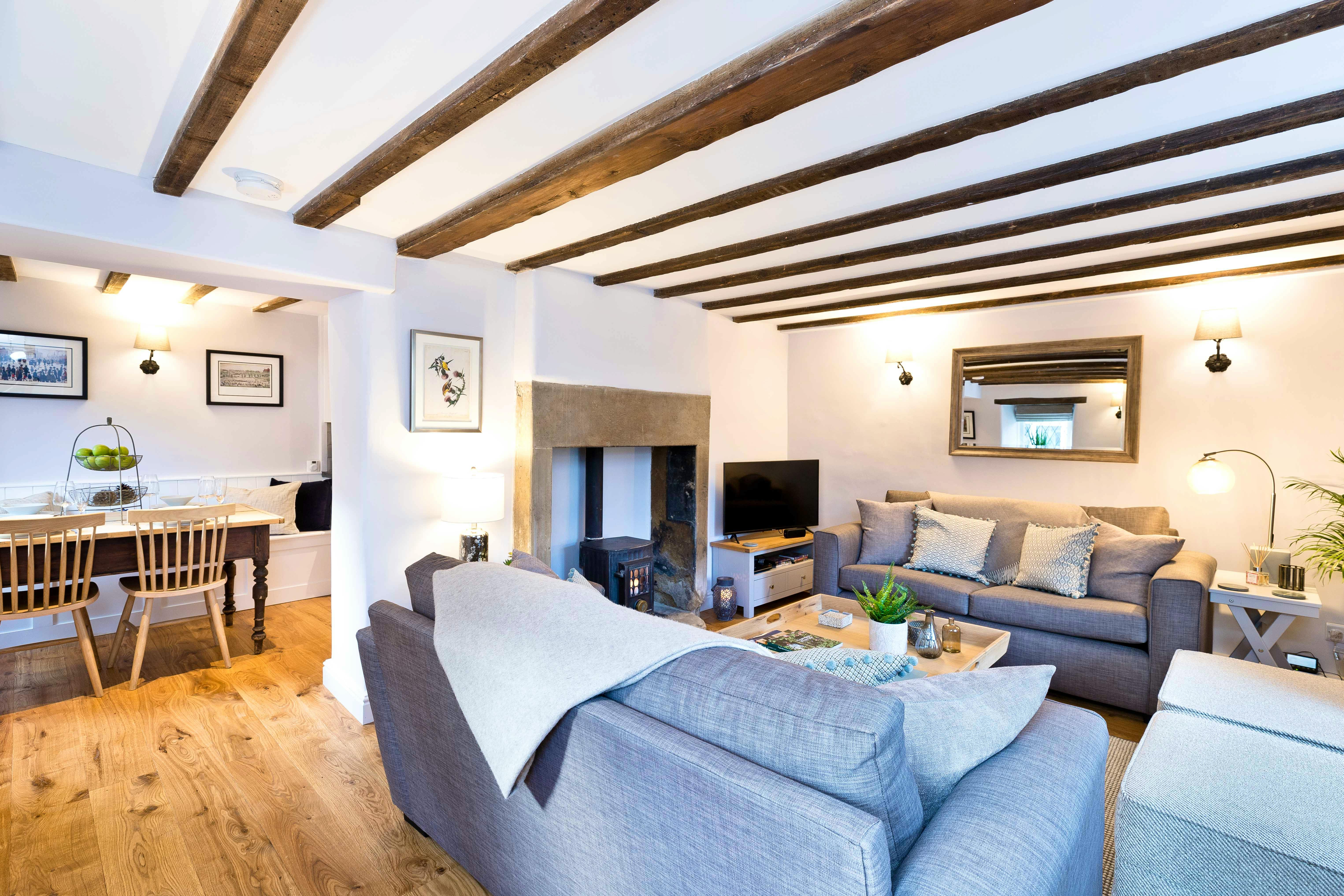 Lounge with decorative fireplace