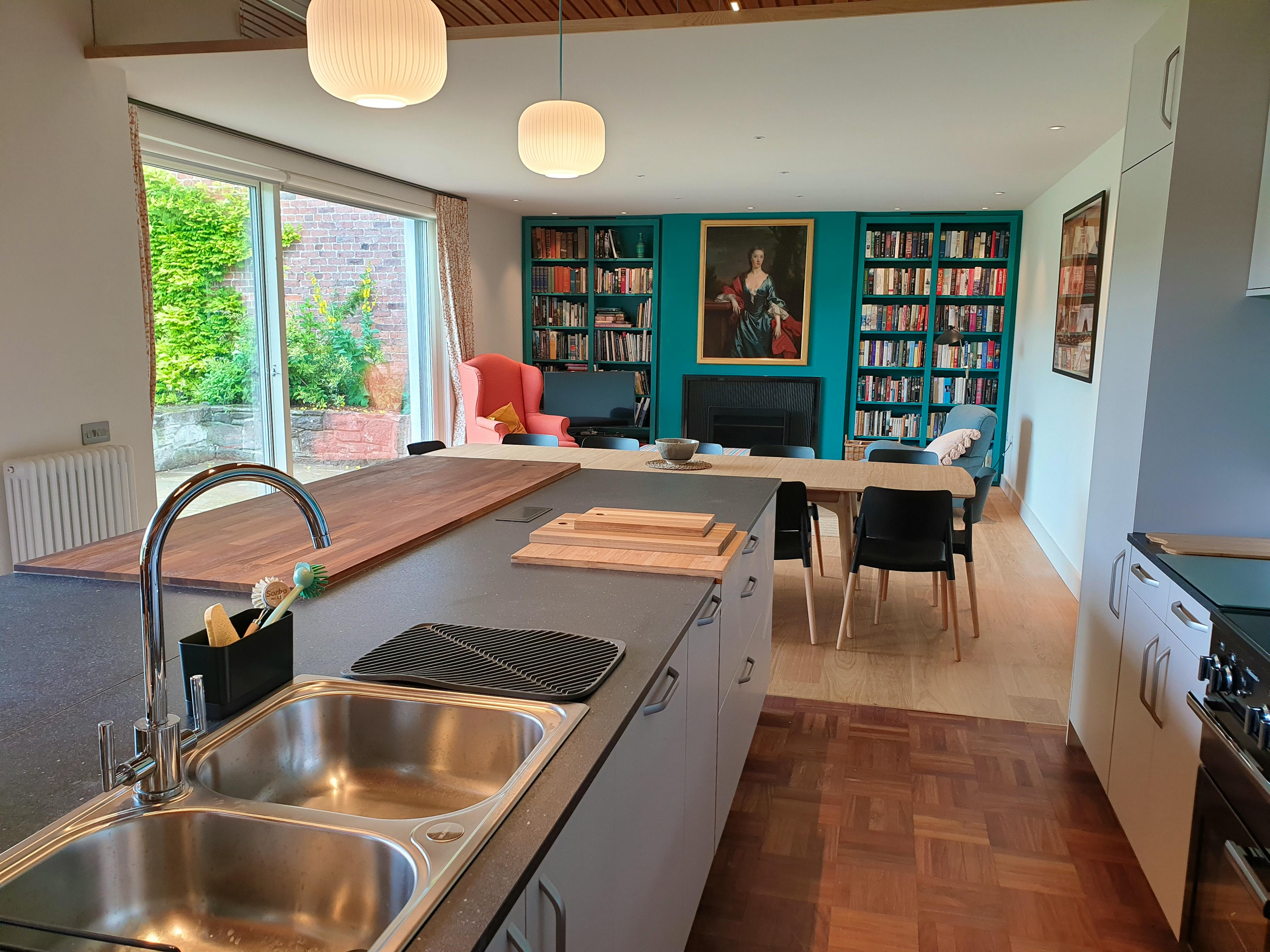 The huge kitchen has plenty of room for eating and relaxing