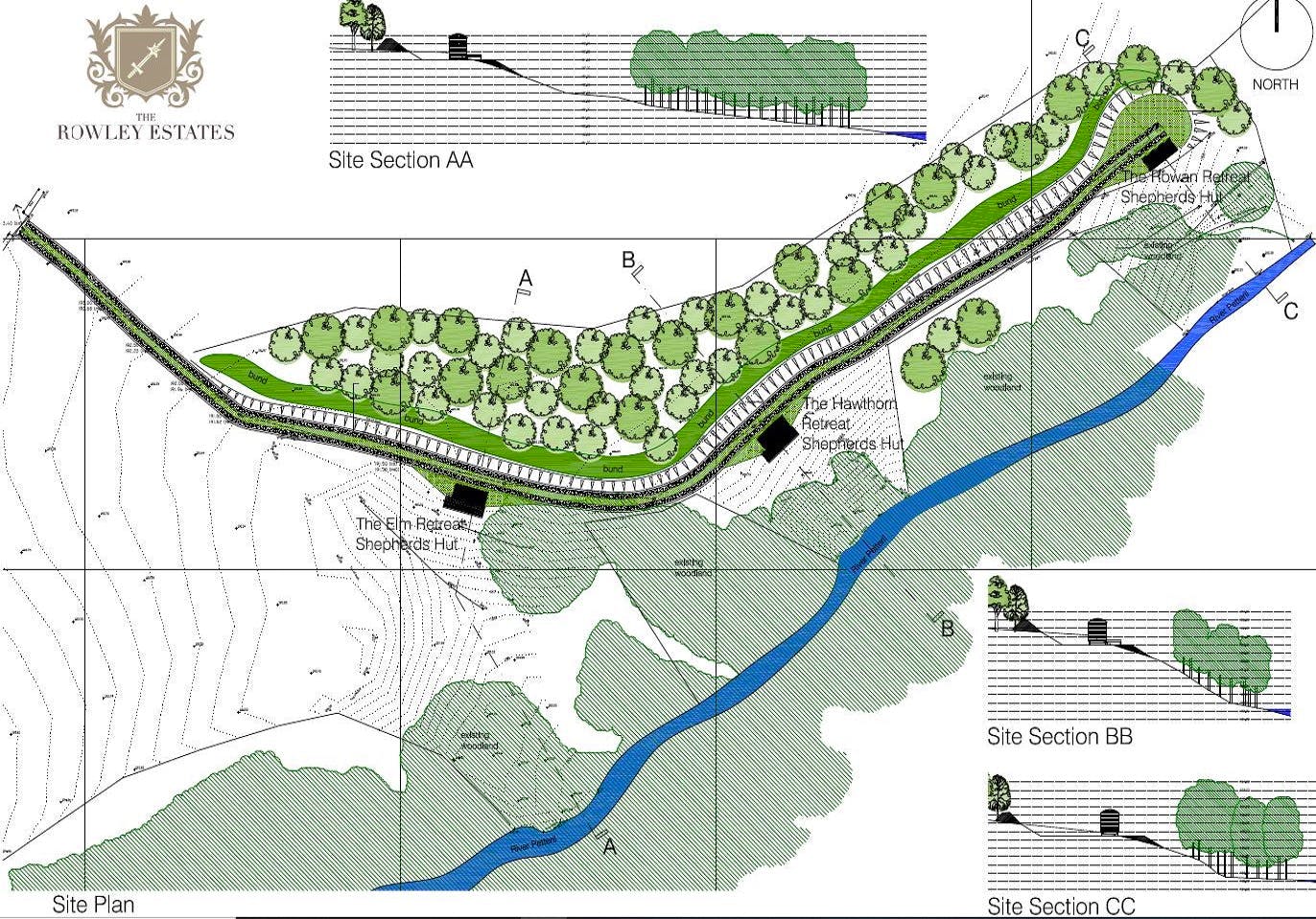 The Rowley Estates site plan showing location of Elm Retreat, Hawthorn Retreat and Rowan Retreat along River Petteril valley
