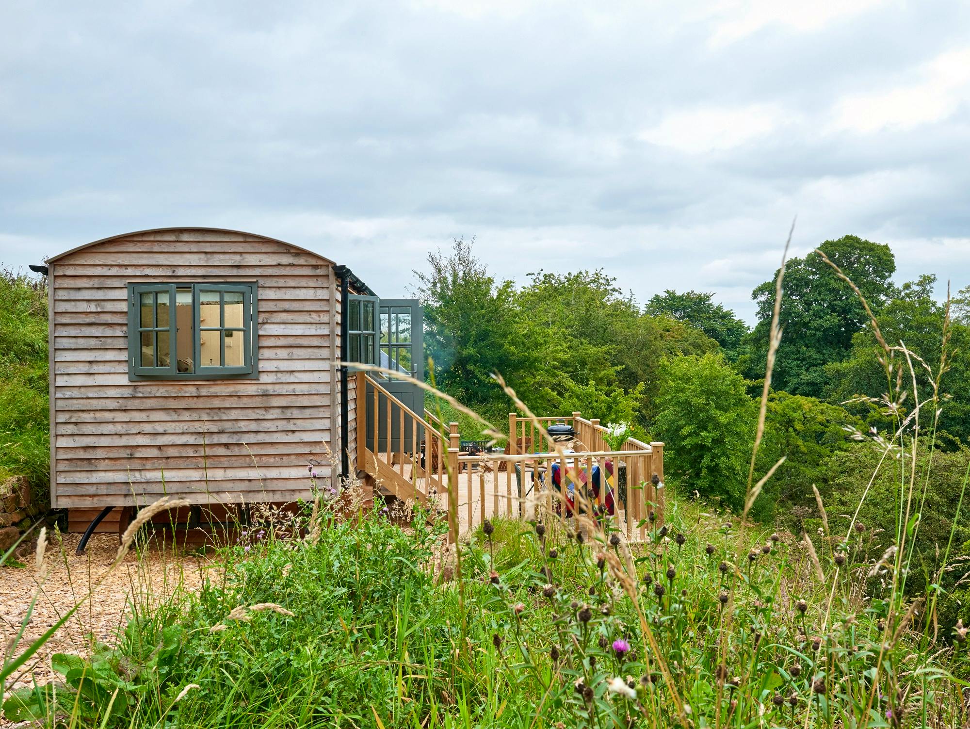 Hawthorn Retreat shepherds hut with LPG heating and hot water, solar power, Weber charcoal BBQ and fire pit with complimentary logs, kindling and charcoal provided