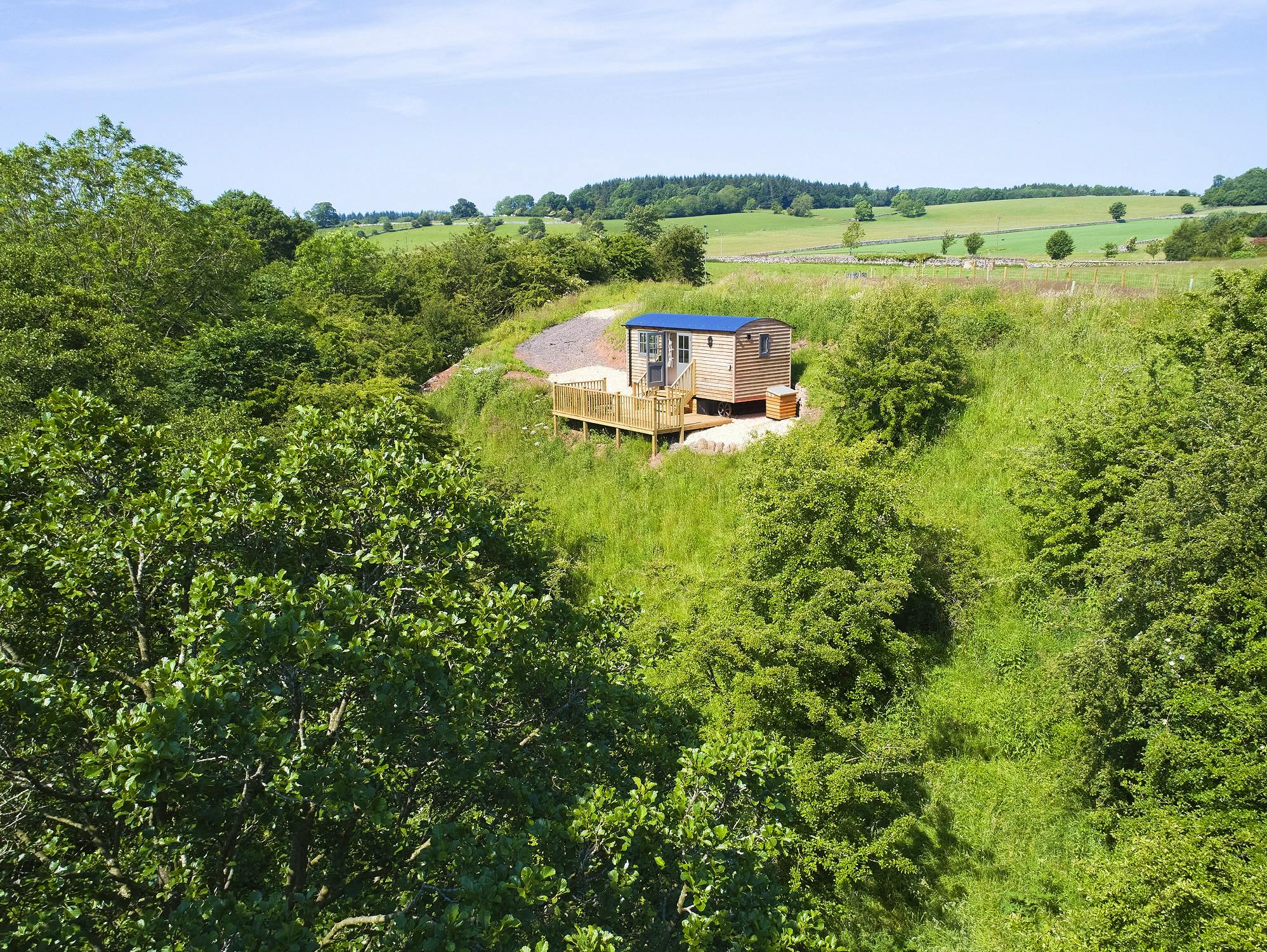 Hawthorn Retreat Shepherds Hut overlooking River Petteril Valley near Lake District National Park LPG heating solar power