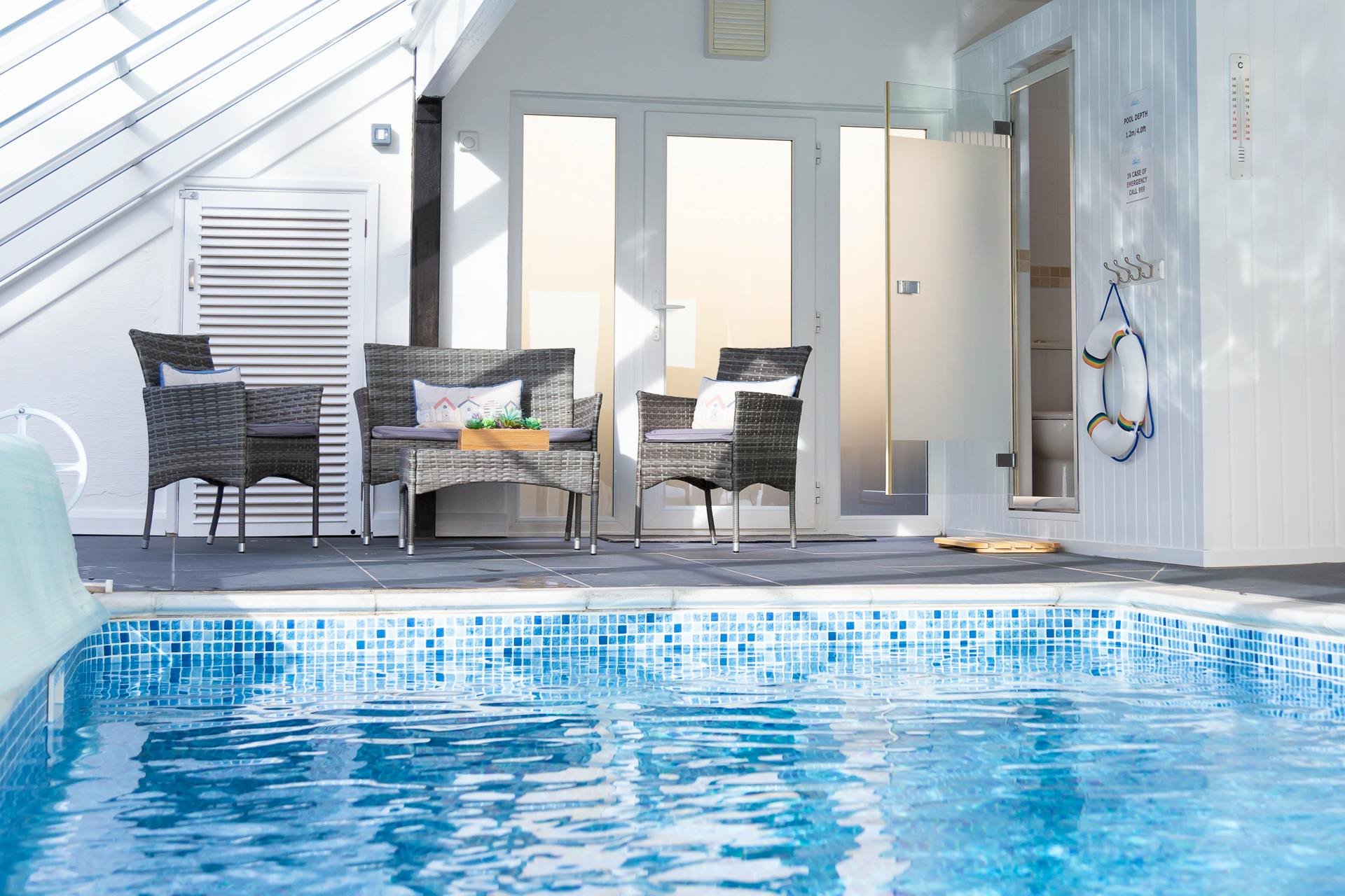 The private indoor swimming pool is available year-round for guests' use.