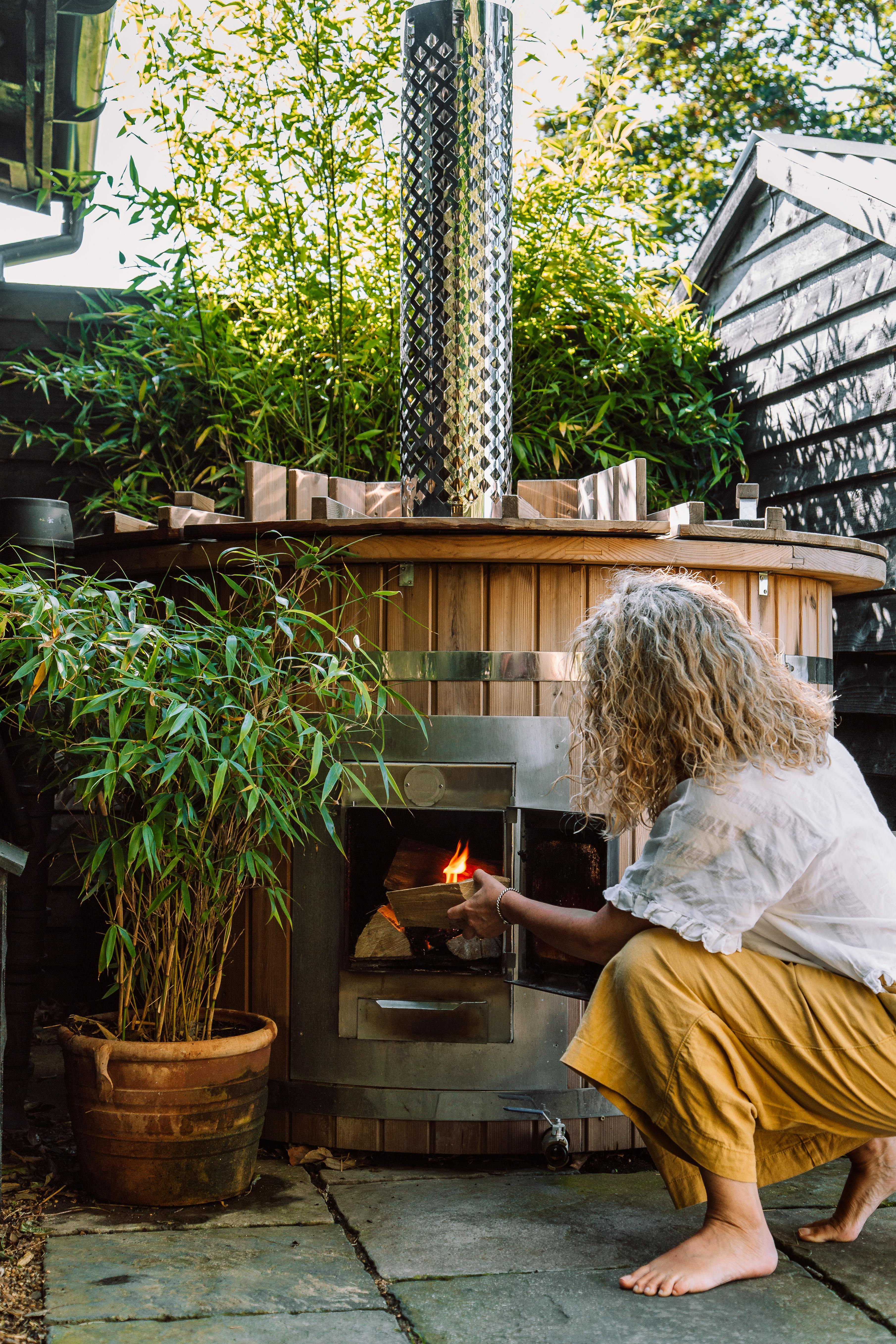 Lighting the wood fired hot tub