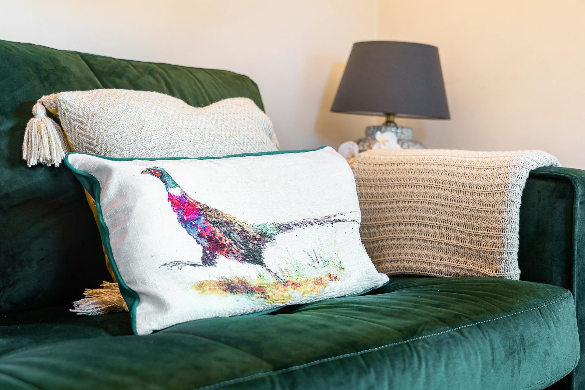 Plush sofa with cosy linens