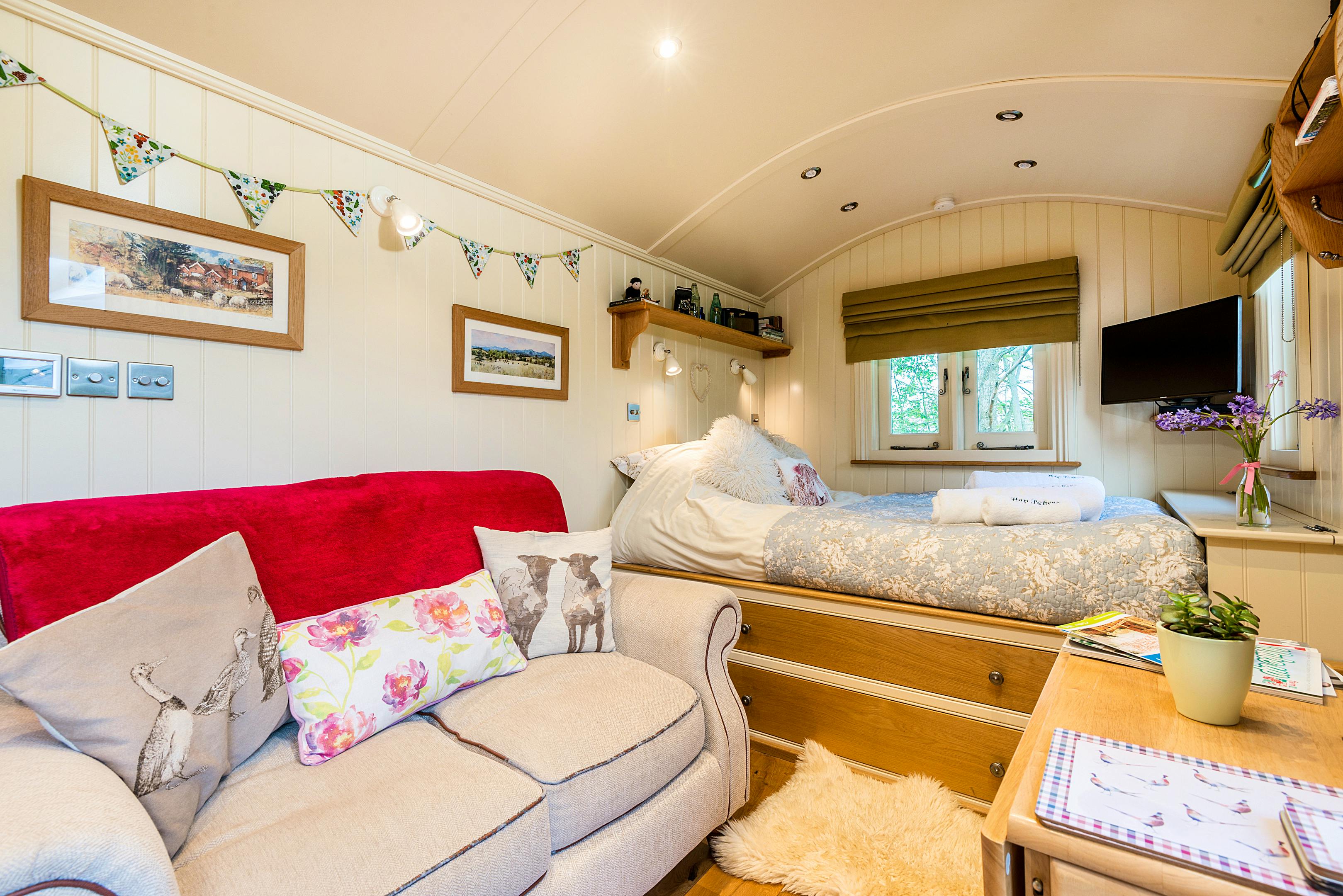 King size bed and sofa with tv