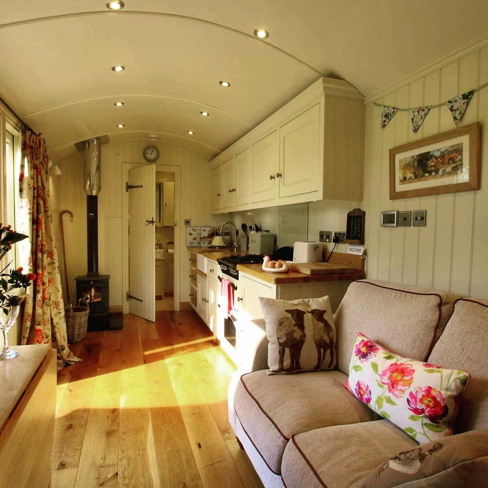 Aga log burner and kitchen area