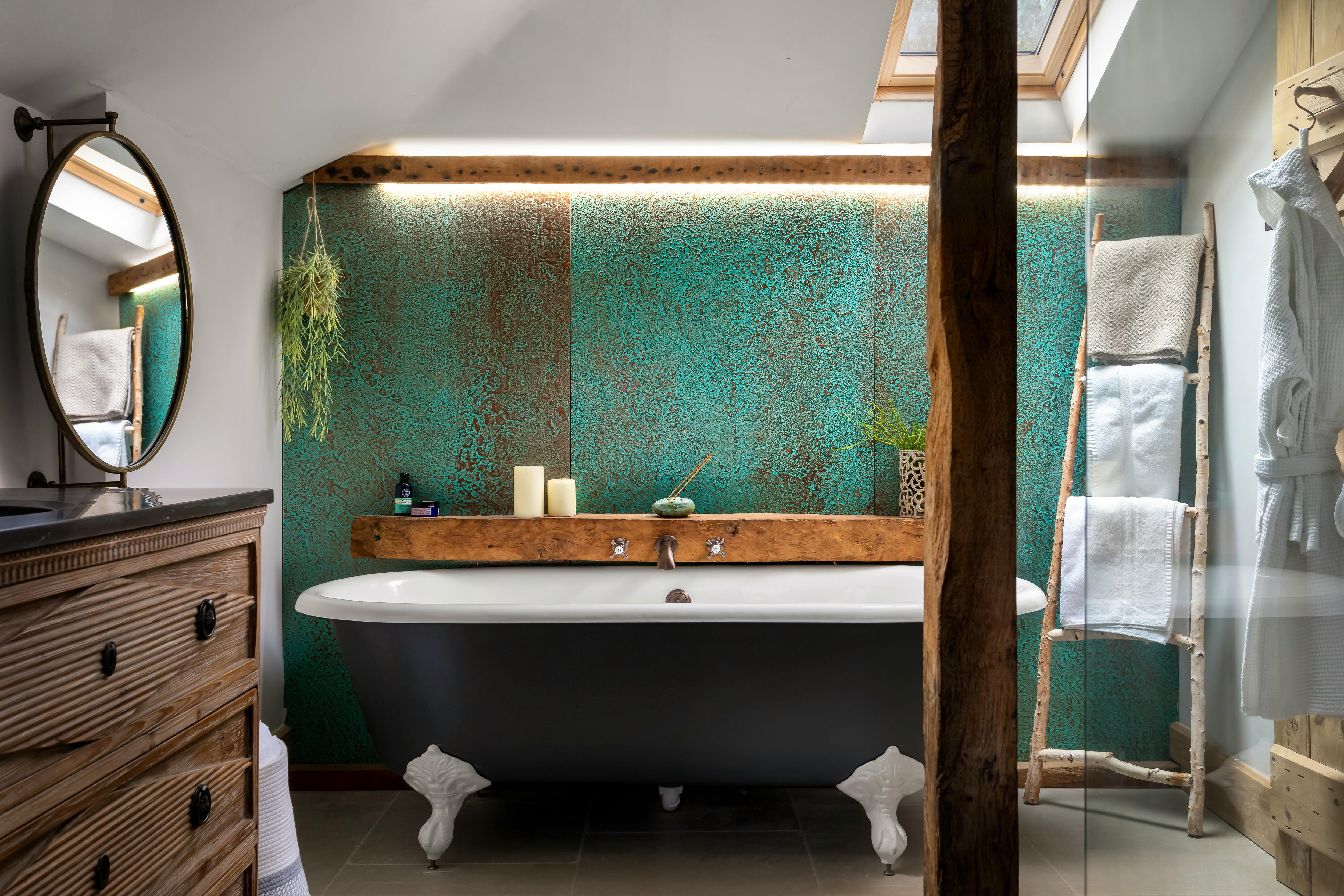 bathroom with roll top & shower