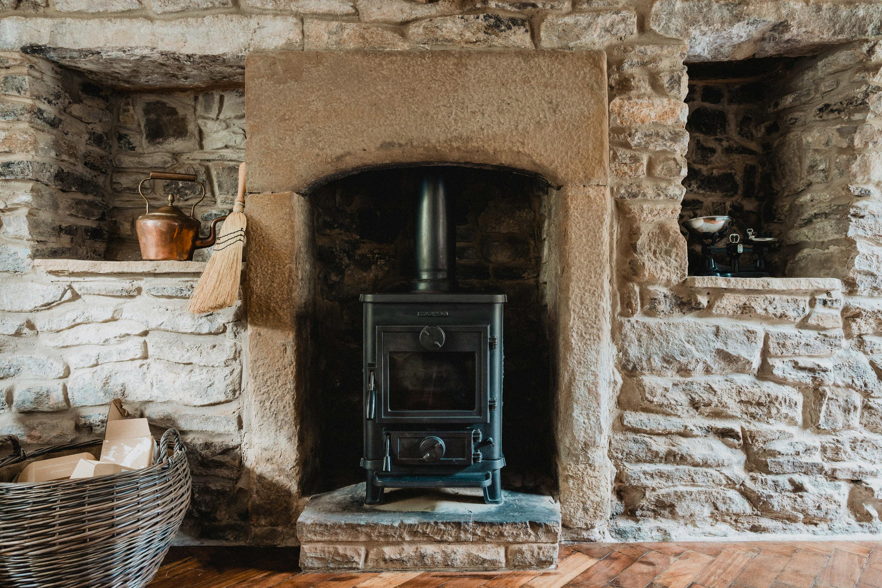 wood stove in kitchen