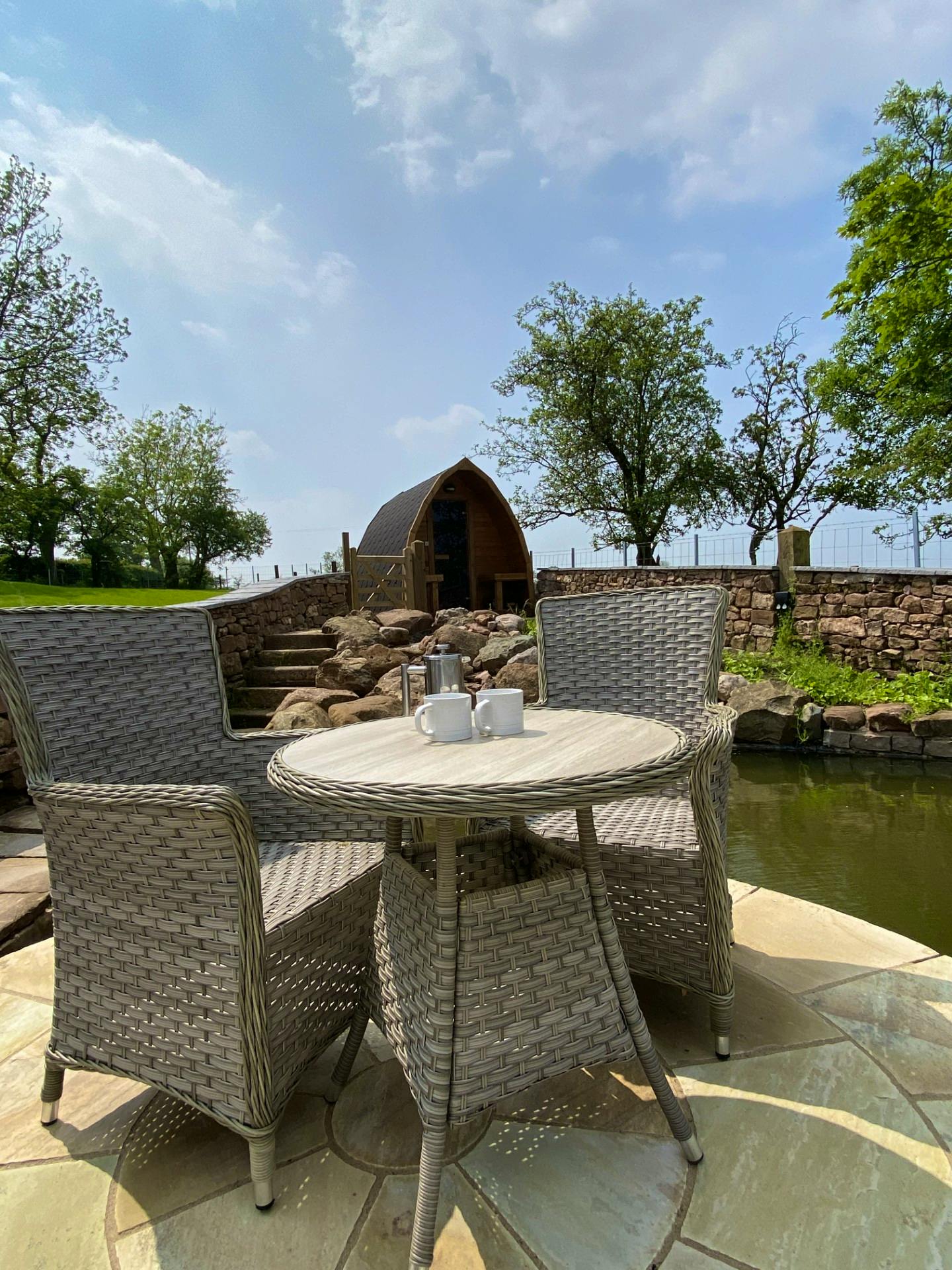 Seating area by the water cascade