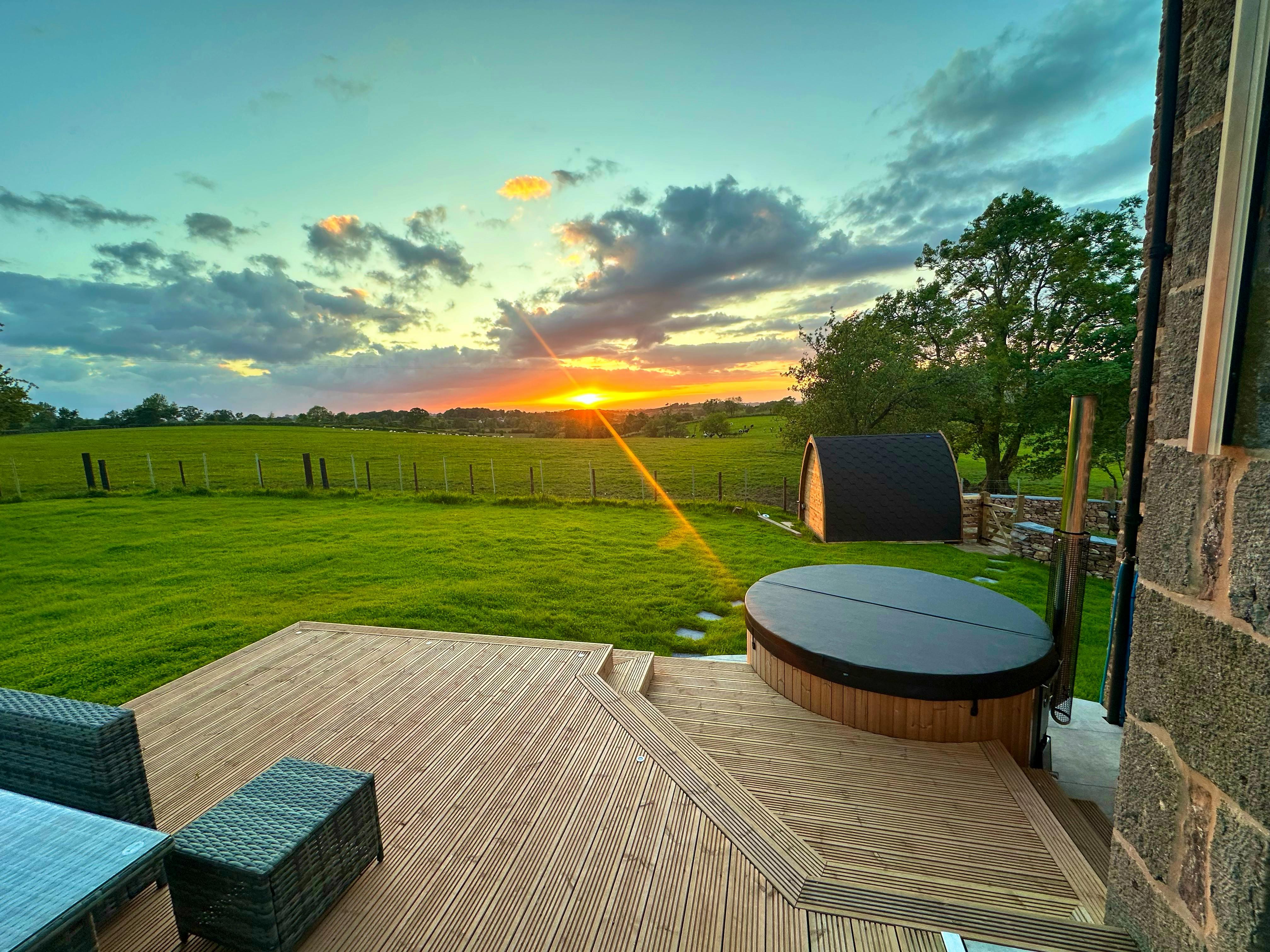 Rear decking and wood fired hot tub