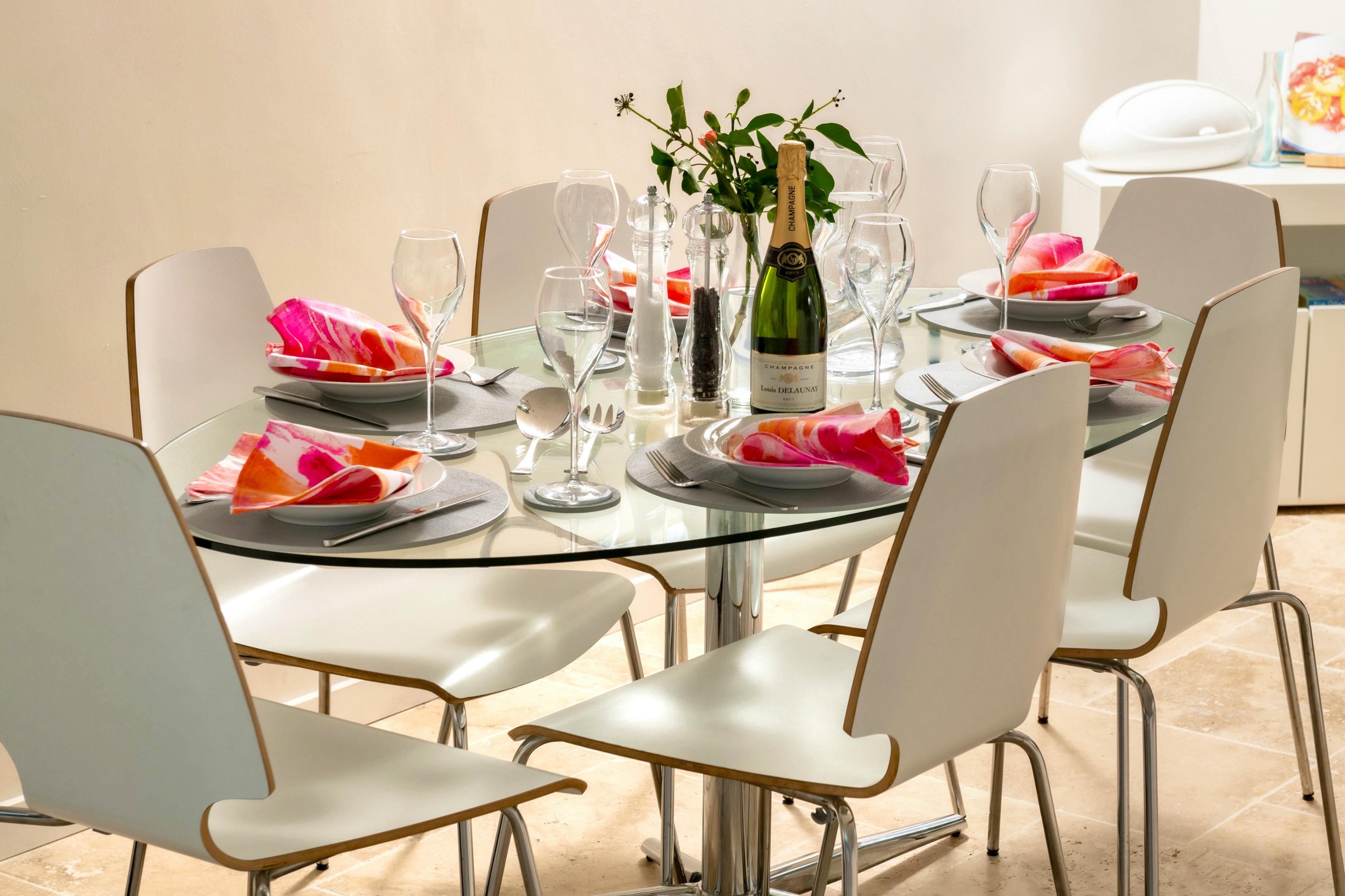 White china and lots of glasses 