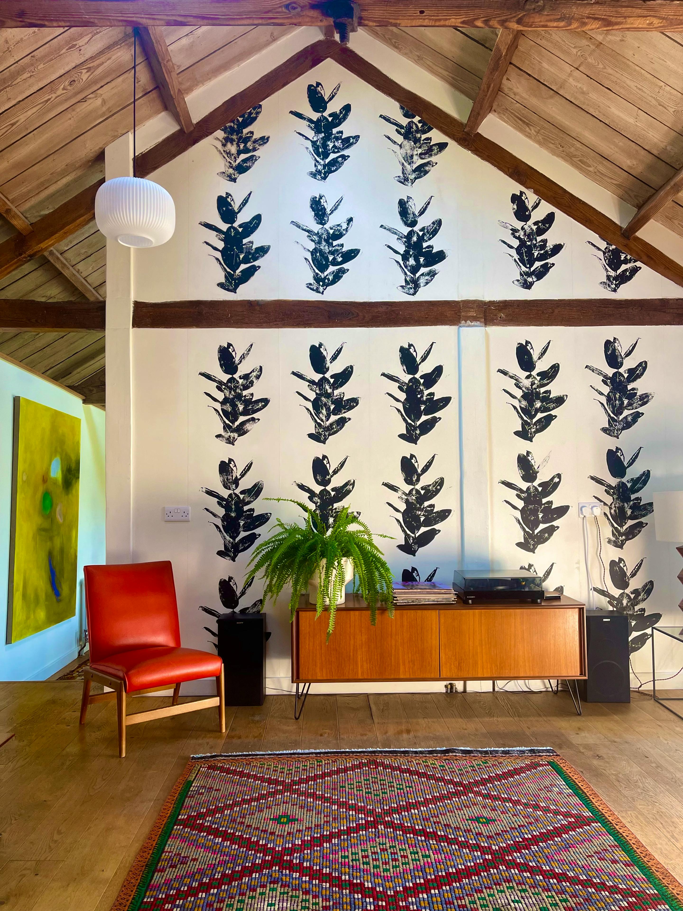 Handprinted lino print wallpaper