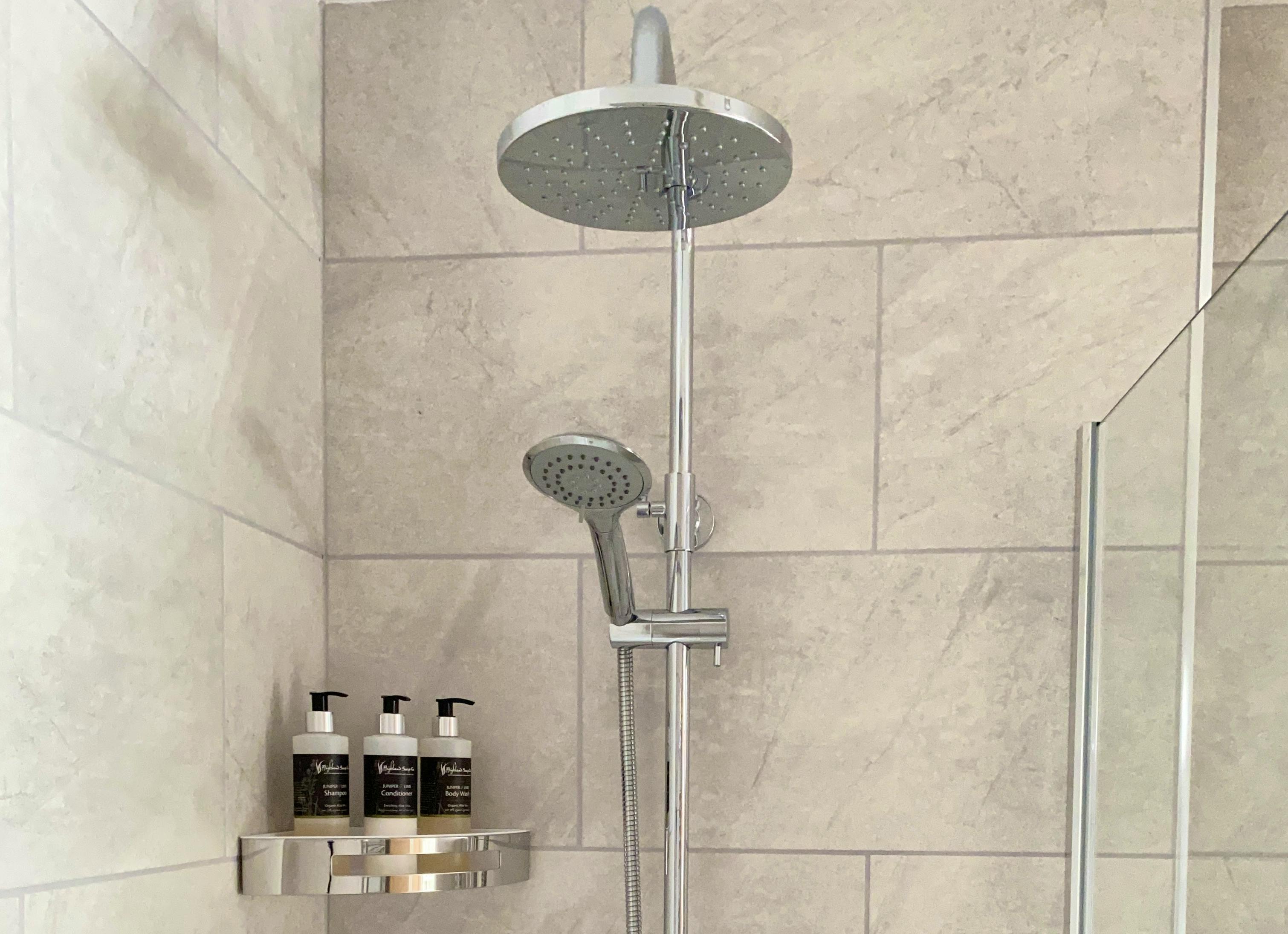 Rain head shower and toiletries