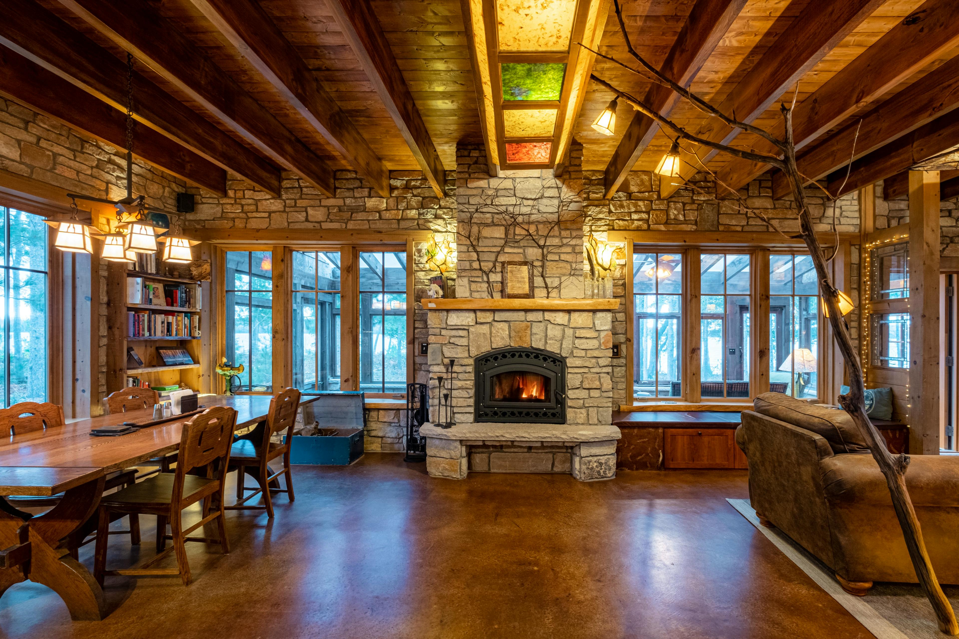 Wood burning fireplace.