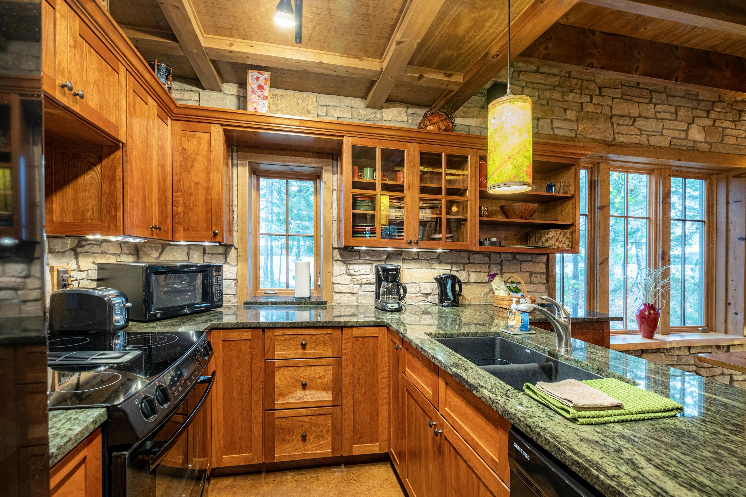 Kitchen: granite counters and views