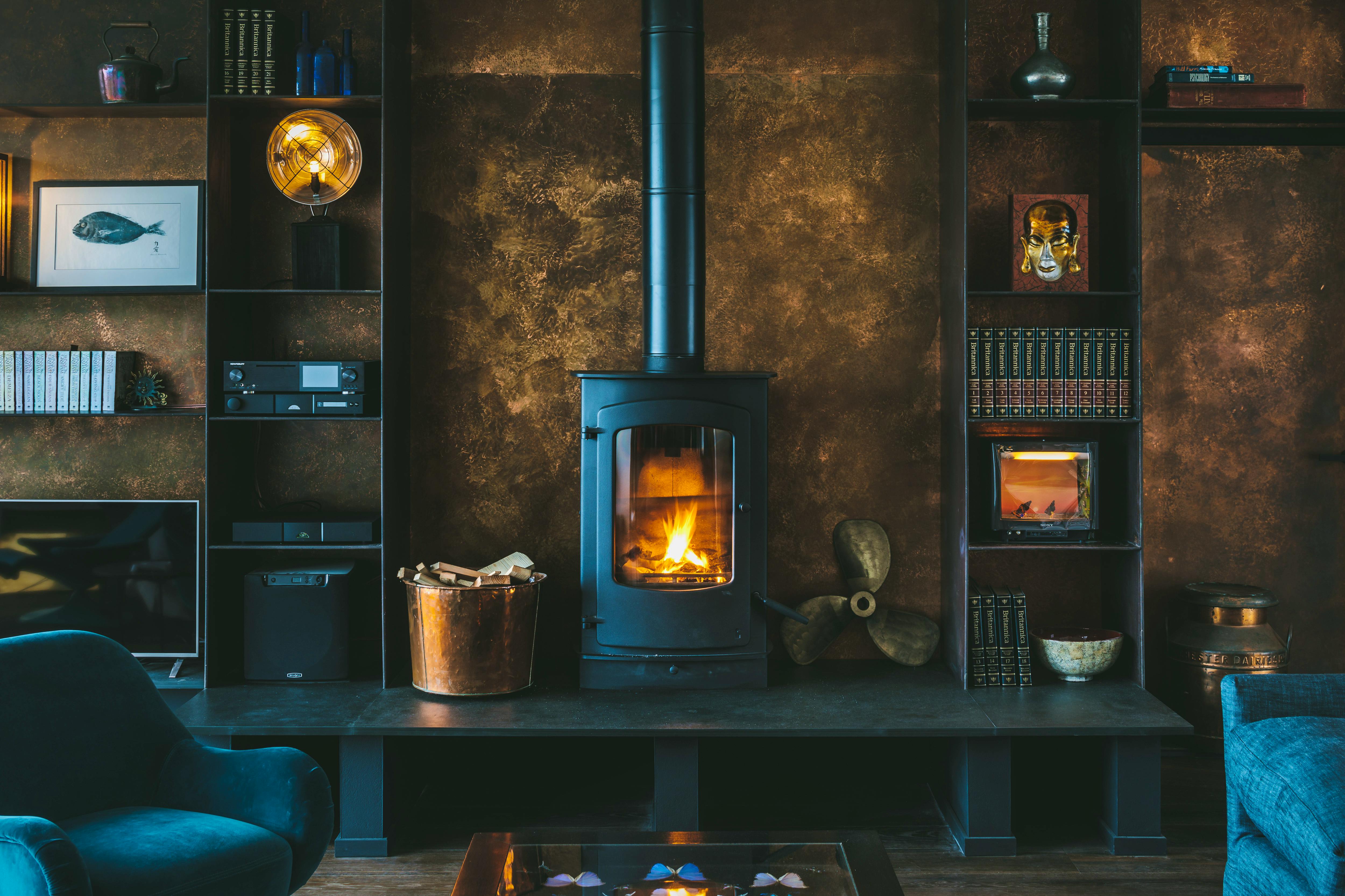 fabulous wood burner and quirky finds on the shelves