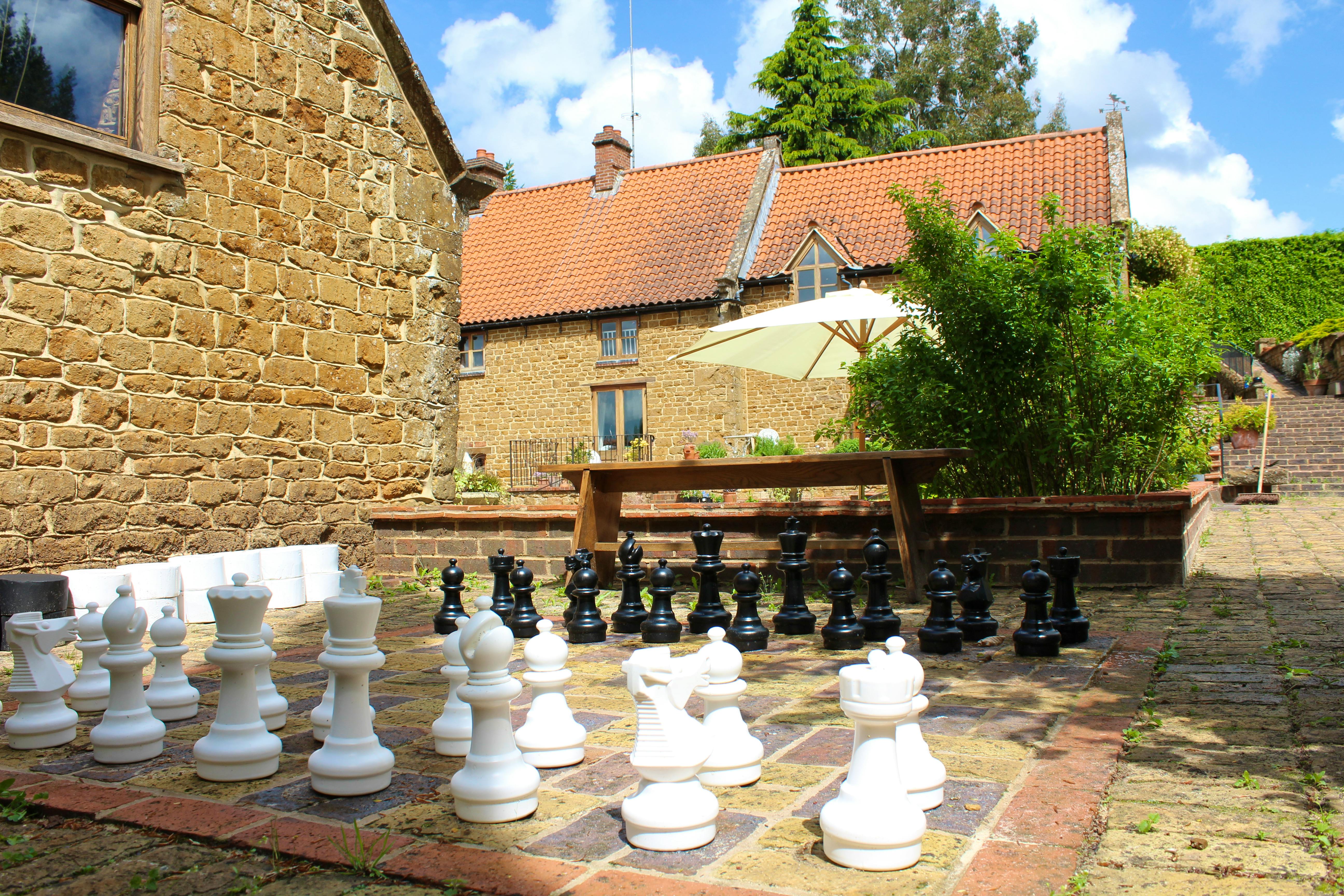Outdoor chess board in the courtyard.