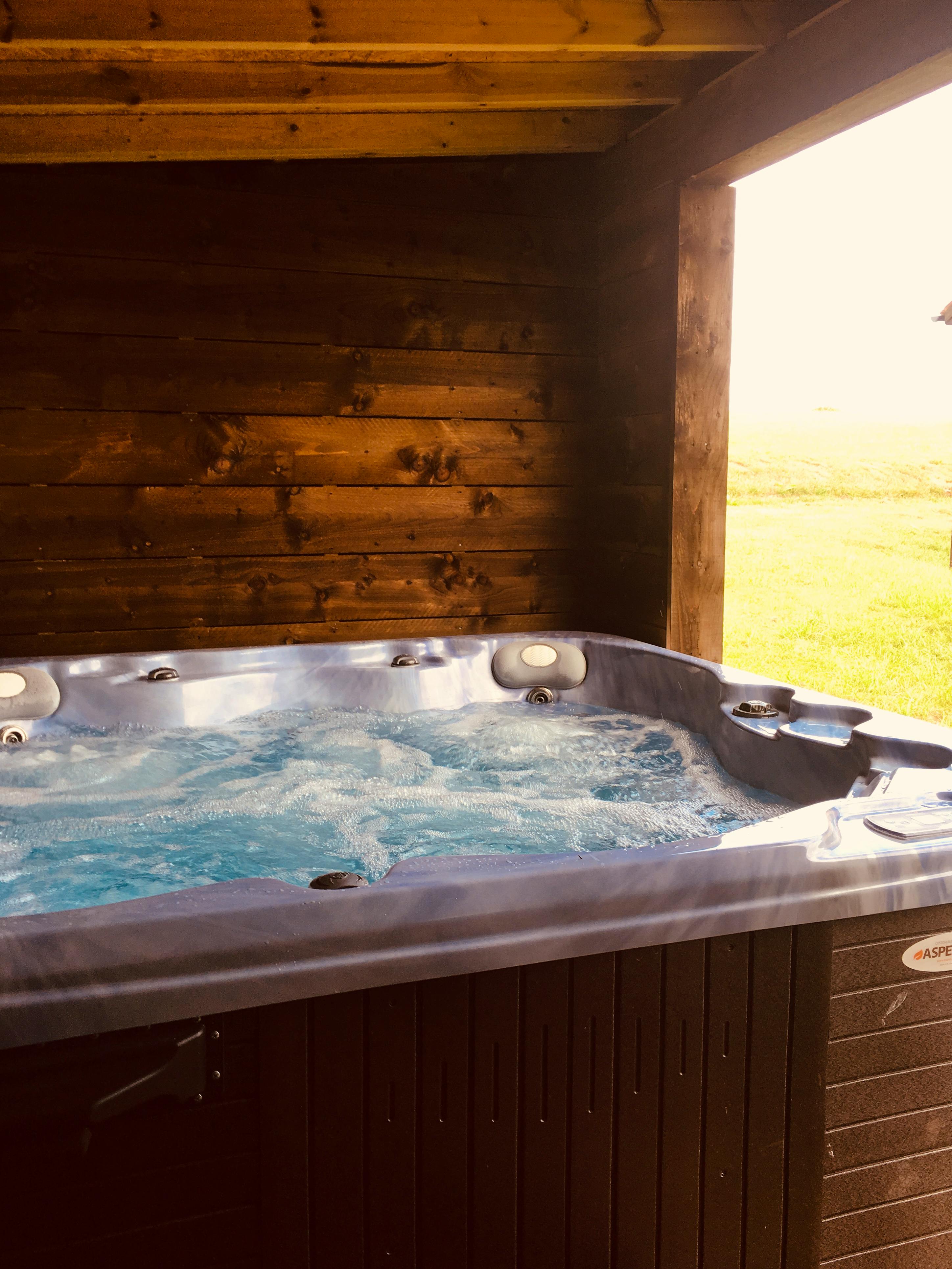 Inside the timber hot tub building 